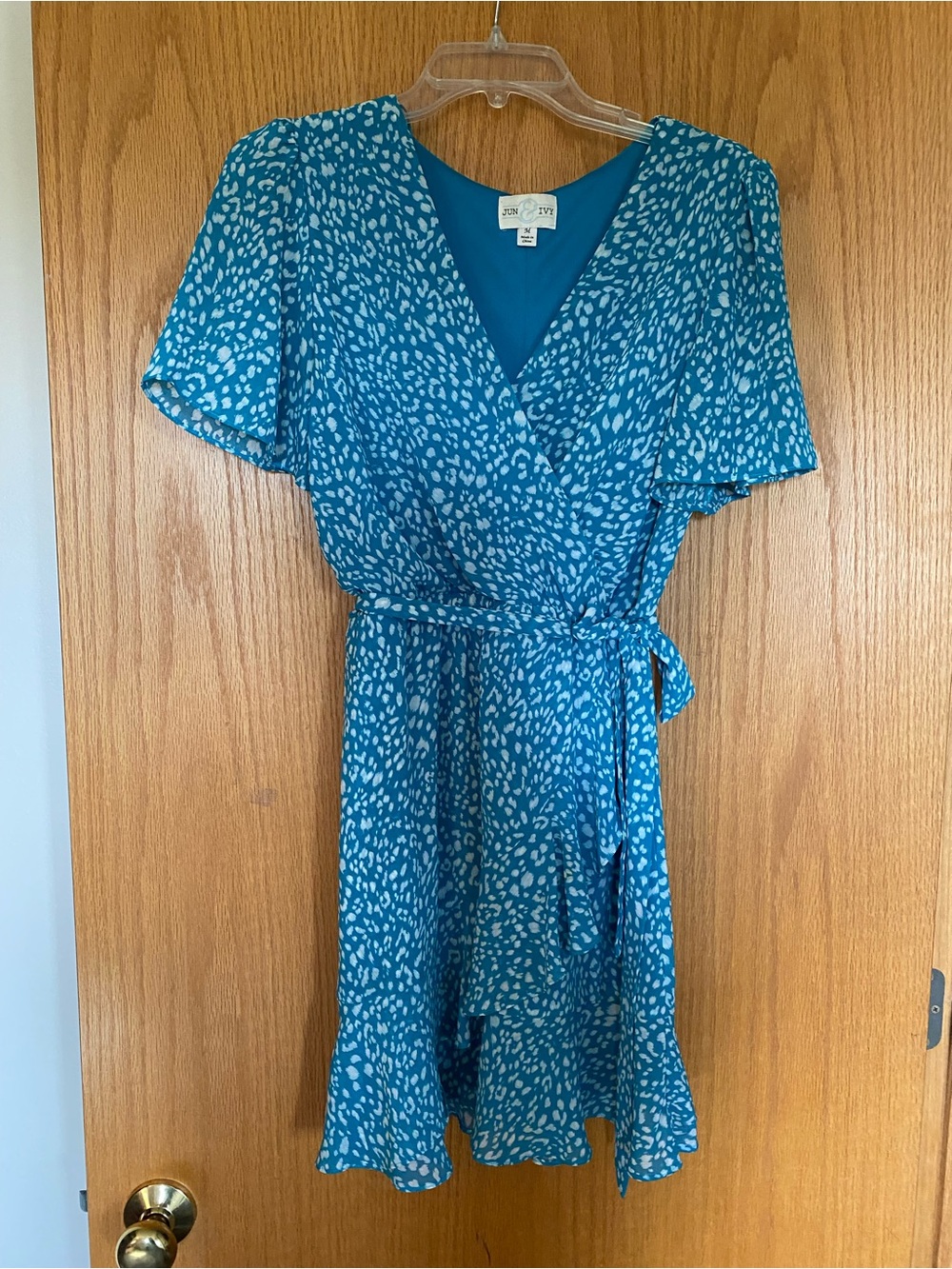Teal Printed Wrap Mini Dress with Self-Tie Waist